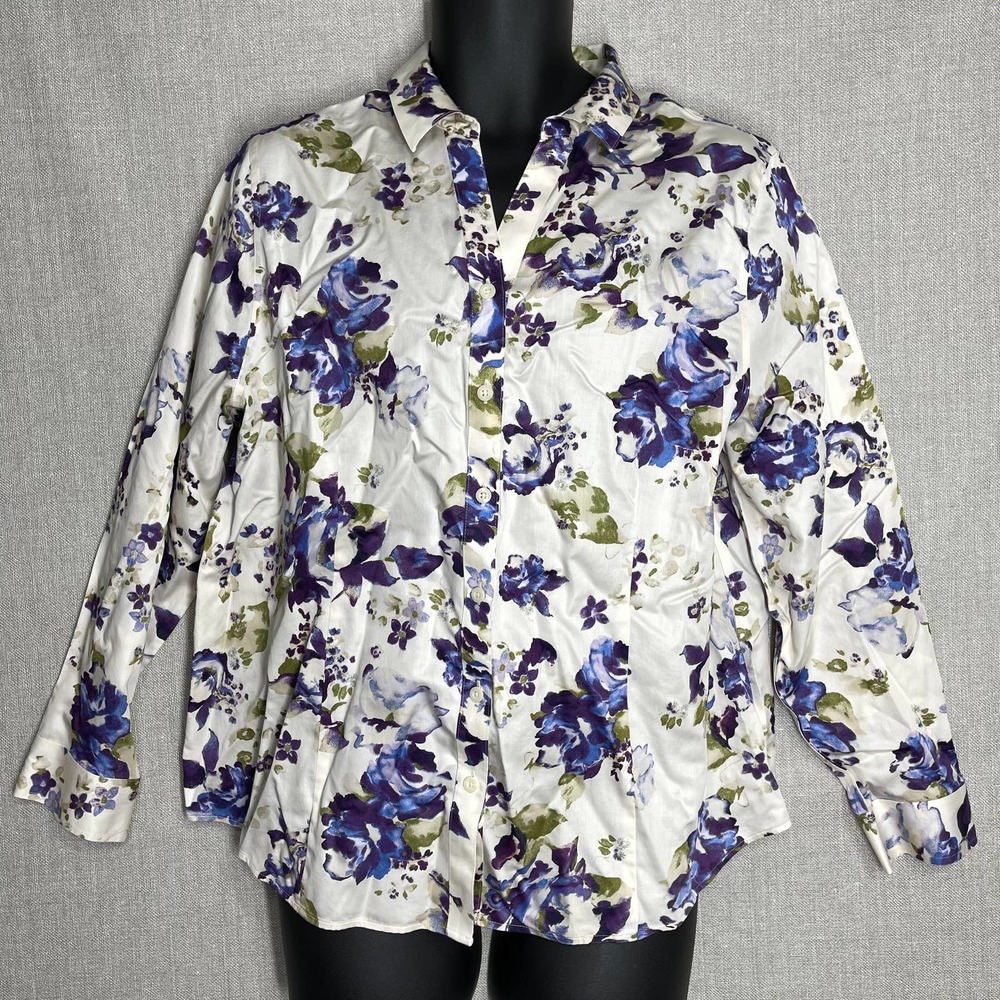 Chico's White Button-Down Shirt with Blue, Purple & Green Floral Print